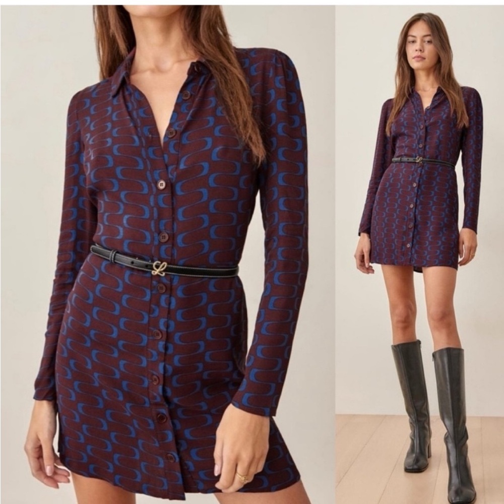 Reformation Long Sleeve Collared Hugh Dress in Marooned Sz 4